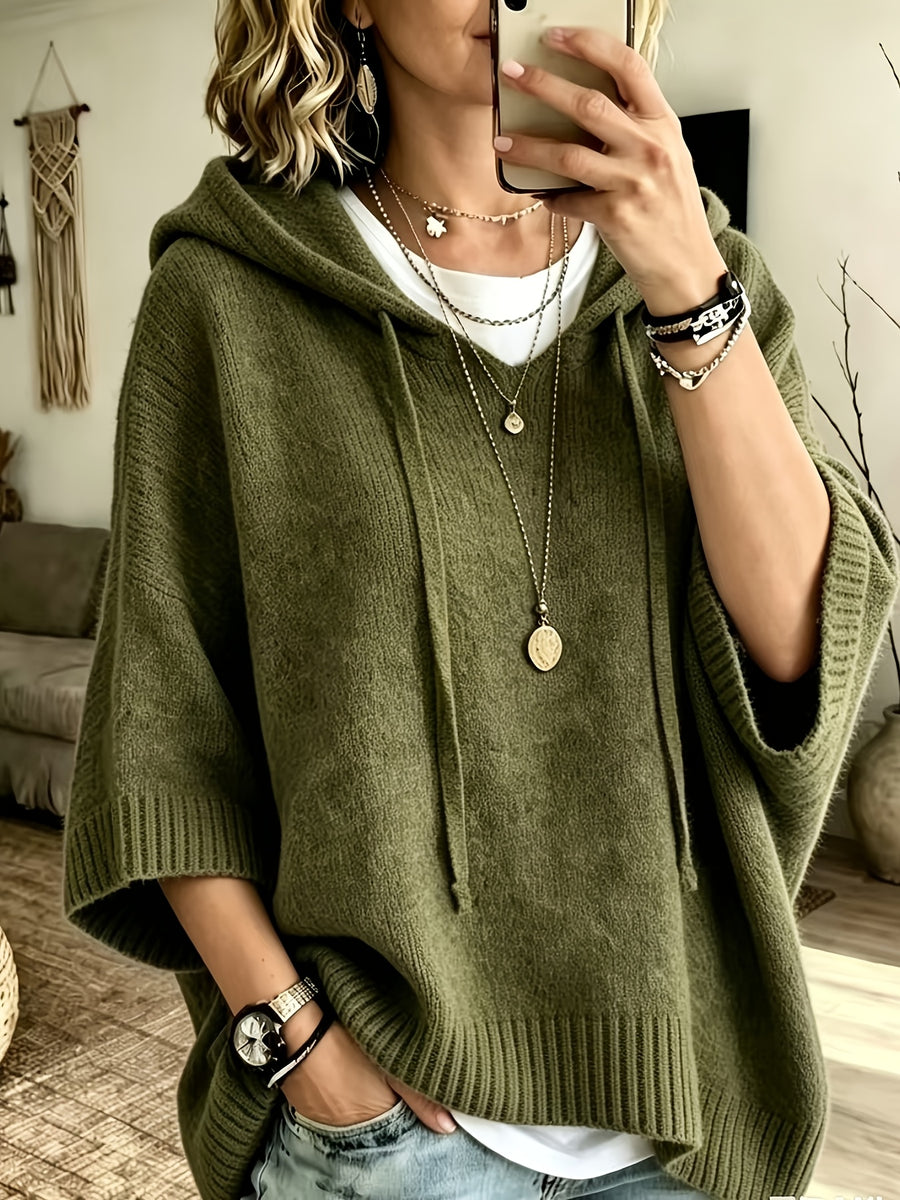 Women's Elegant Casual Three-Quarter Sleeve Drawstring Hooded Sweatshirt - Olive Green