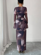 Elegant And Fashionable New Adult Women'S Autumn And Winter Floral Tie-Dye Print Notched Collar Long-Sleeved Flared Sleeve Slim Fit Waist Pleated Hip-Hugging Sexy Dating Commuting Vacation Dating Valentine'S Day Long Dress - Reddish Brown