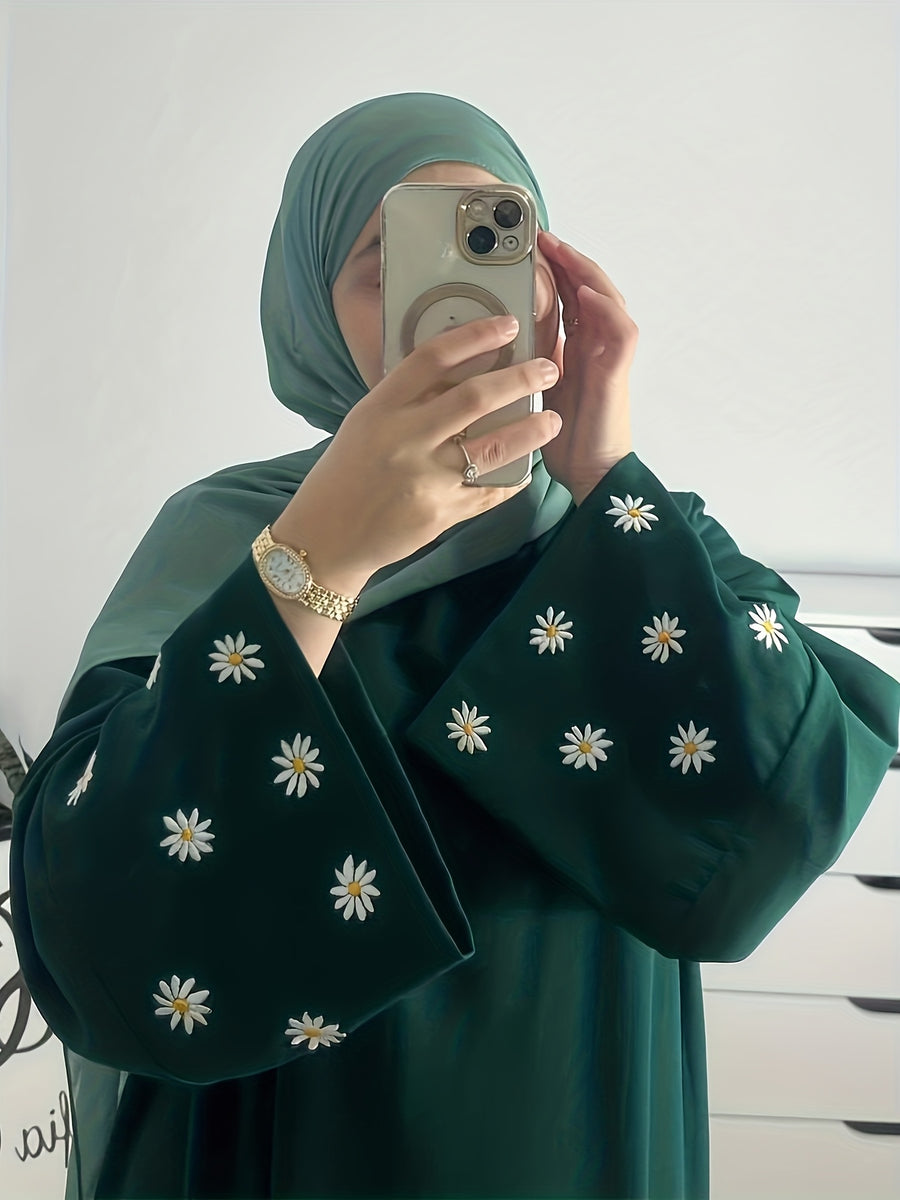 1pc (Headscarf Not Included) Elegant Cute Cuffed Small Daisy Embroidery Dress, Fashionable, Elegant, And Casual Abaya Dress with Embroidered Small Chrysanthemums at The Cuffs, No Scarf, Solid Color, Suitable for Daily Wear - Dark Green