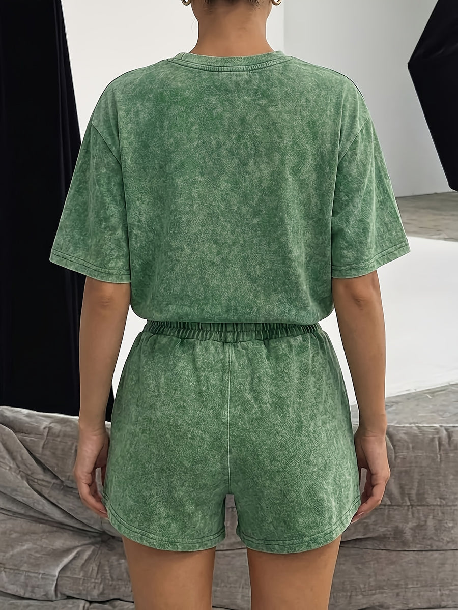 Summer Trendy Fashion Distressed Wash Short Sleeve Shorts Drawstring Women'S Set, Round Floral Bouquet Print, Vintage Dried Flower Style, Mori Literary Style, French Pastoral Style, Comfortable for Hot Weather, Classic Silhouette, Comfortable Fit - Green