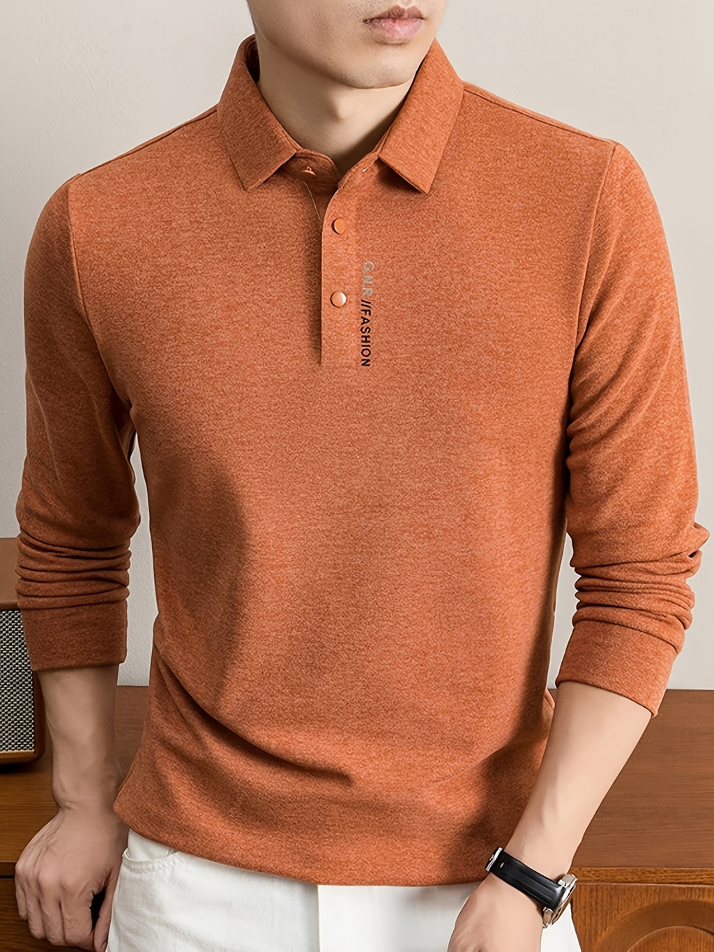 New Autumn 2026 Men's Long-Sleeve T-Shirt, Solid Color Lapel, Simple Daily Wear, Casual Polo Shirt - Pumpkin Orange