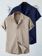 Men's Two-pc Summer Lapel Short-Sleeve Shirts, Casual Loose-Fit Basic Style - Navy Blue+Khaki