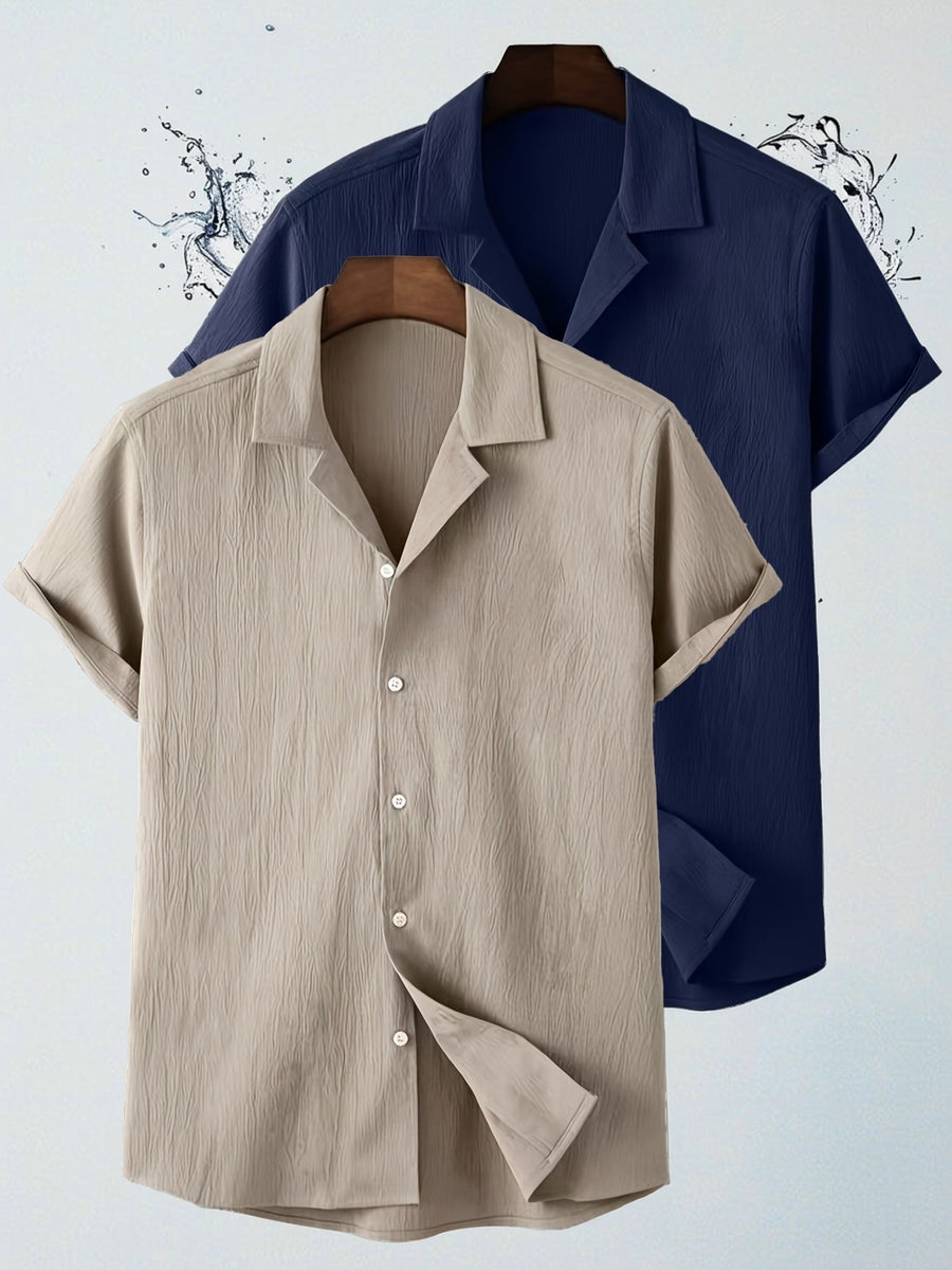 Men's Two-pc Summer Lapel Short-Sleeve Shirts, Casual Loose-Fit Basic Style - Navy Blue+Khaki