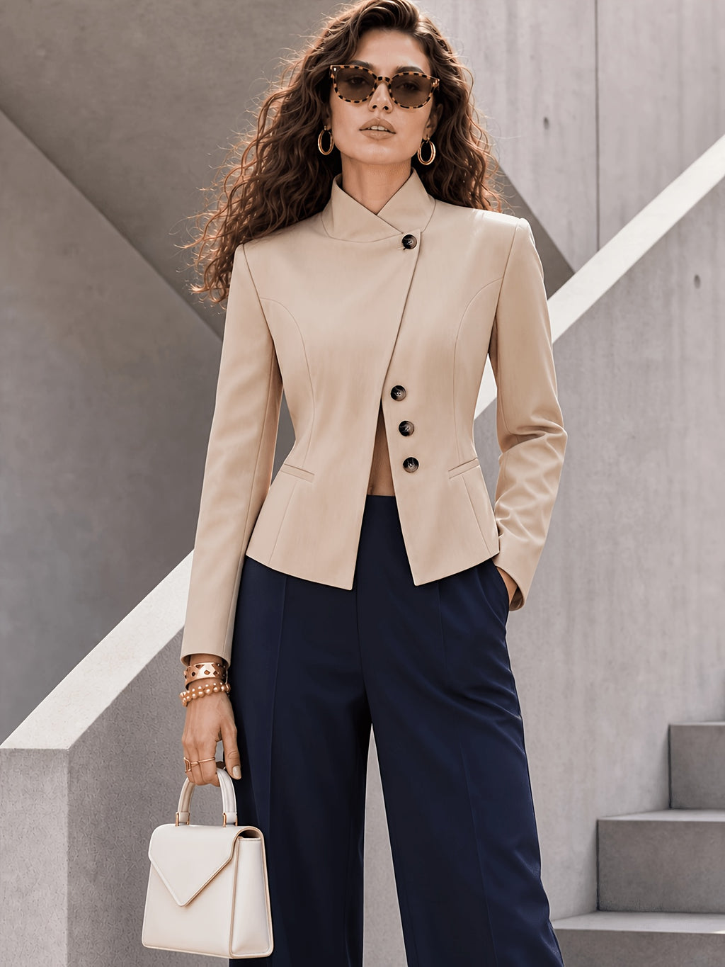 Stand Collar Asymmetrical Front Closure Single Button Solid Color Long Sleeve Versatile Suit Jacket with Lining And Pockets - Apricot