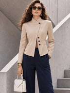 Stand Collar Asymmetrical Front Closure Single Button Solid Color Long Sleeve Versatile Suit Jacket with Lining And Pockets - Apricot