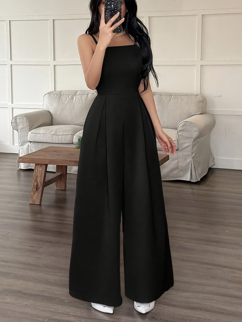 Wide-Leg Loose Solid Color with Ruched Design, Suitable for Summer Women'S Casual Wear - Black