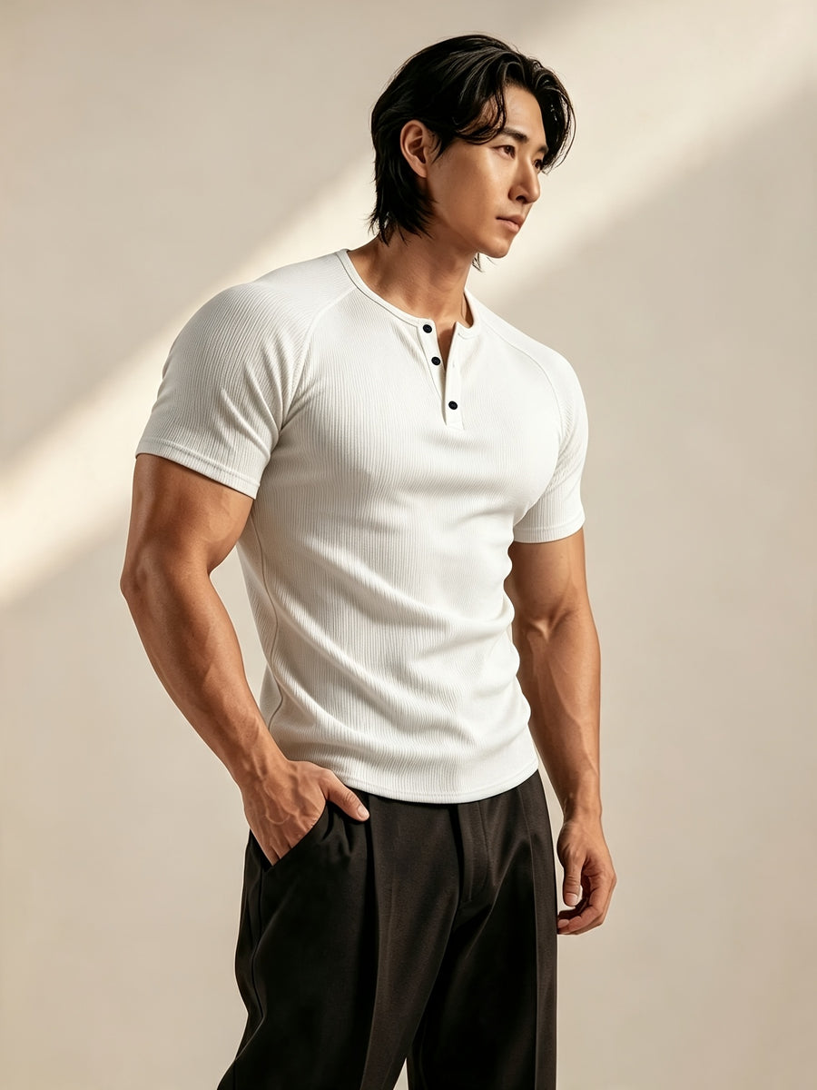 Men's Vertical Ribbed Pin Stripe Henley Neck Short Sleeve T-Shirt, Slim Fit Muscle-Defining Shaping Top, Stretchy Breathable Ribbed Raglan Sleeve Knitwear, Versatile Henley Shirt for Fitness, Commuting, and Daily Wear - White