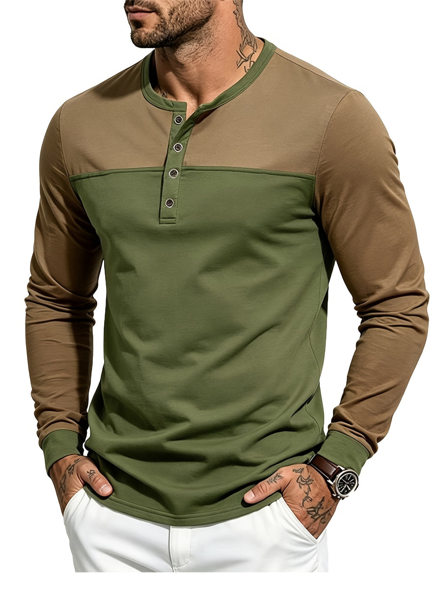 Men's Long Sleeve Henley T Shirt, Color Block Button Placket Pullover Top Loose Fit Casual Tee, Workout Sports Daily Commute Fall Mens Clothing - Brown On Top And Green On Bottom