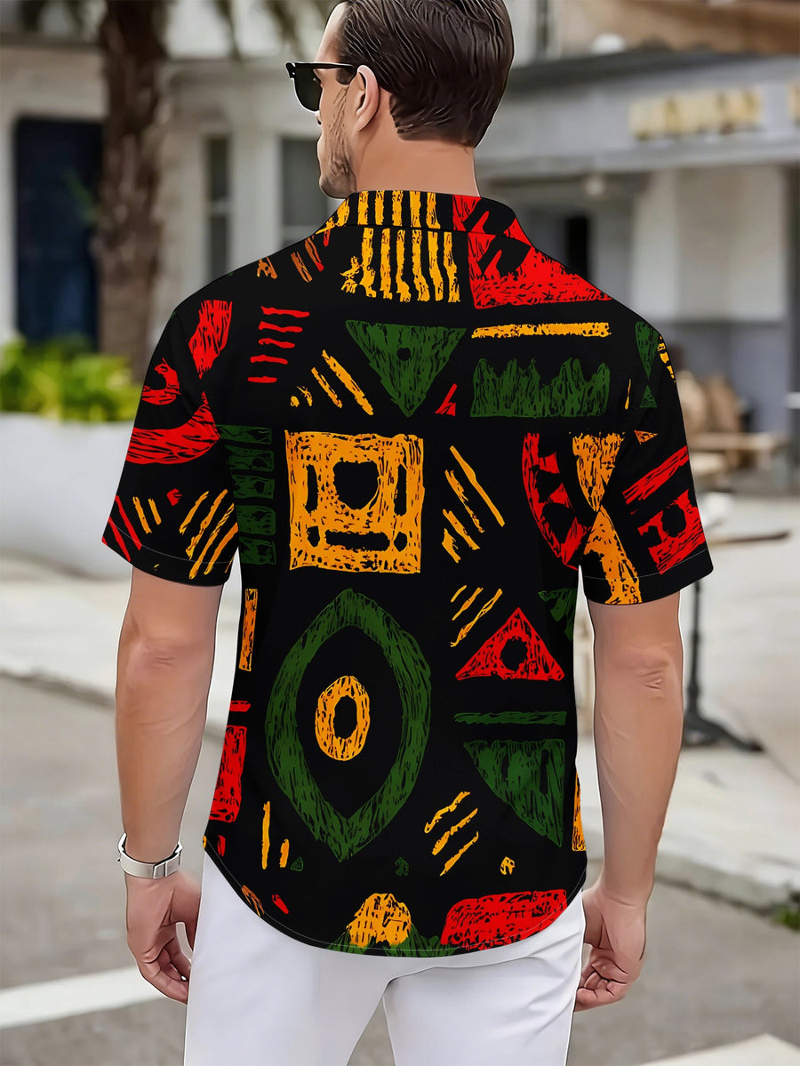 This Shirt Features a Black Base with Red, Yellow, and Green Geometric Prints, Showcasing a Unique Style - Multicolor
