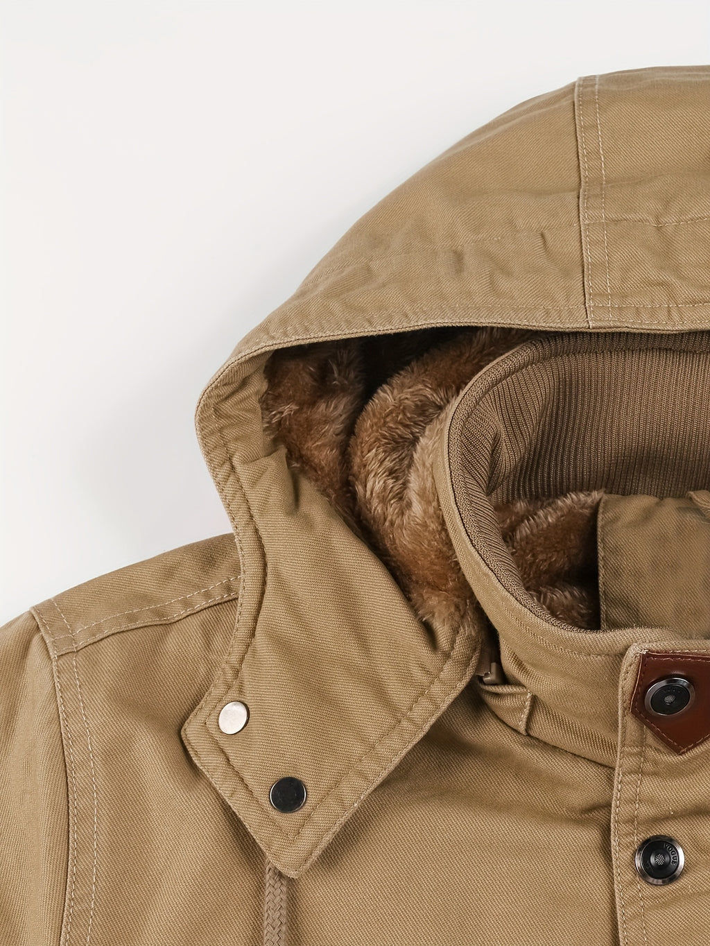 Men'S Fleece-Lined Thickened Jacket, Multi-Pocket Design, 100% Casual Outdoor Coat, Stand-Up Collar And Button Closure, Suitable for Autumn And Winter - Khaki