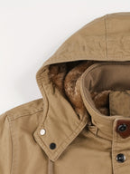 Men'S Fleece-Lined Thickened Jacket, Multi-Pocket Design, 100% Casual Outdoor Coat, Stand-Up Collar And Button Closure, Suitable for Autumn And Winter - Khaki