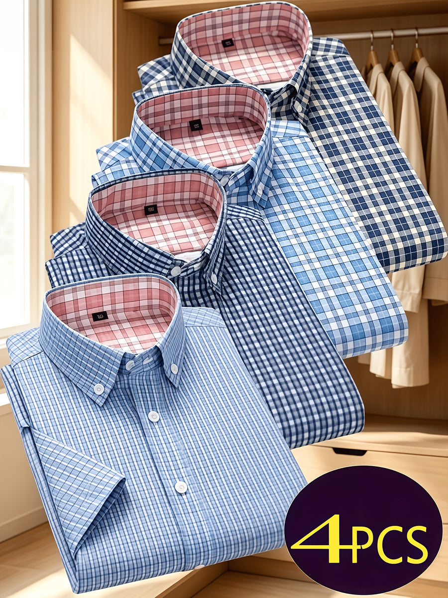 Multi-Color Plaid Men'S Short Sleeve Shirt 4pcs Set, Christmas Gift, Holiday Wear, Office, Date Night, Easy Fit with Festive Style, Casual Wear, Full Holiday Atmosphere, Easy to Get Festive Photos, Easy Cut, Versatile for Layering And Single Wear - Dark Blue + Light Blue + Dark Blue + Light Blue