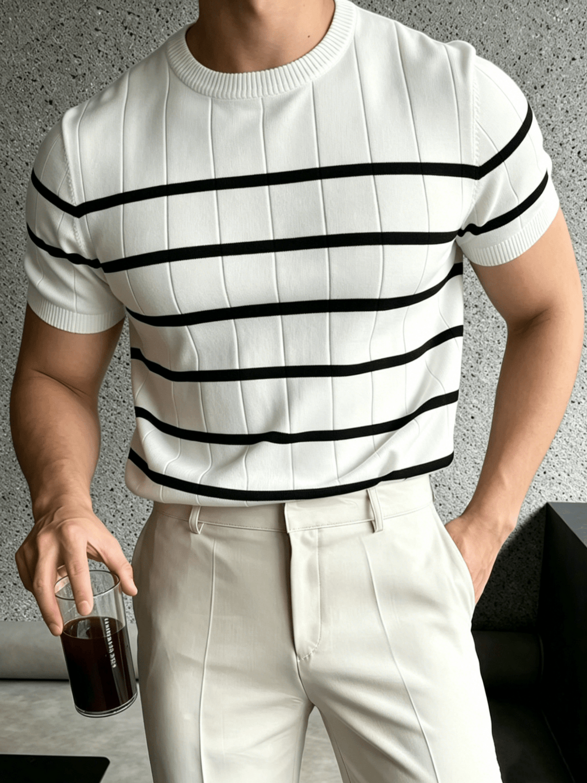 Men'S Striped Short-Sleeve Knit Pullover Sweater, Regular Round Neck Top, Business Casual Summer New Style - Off-white