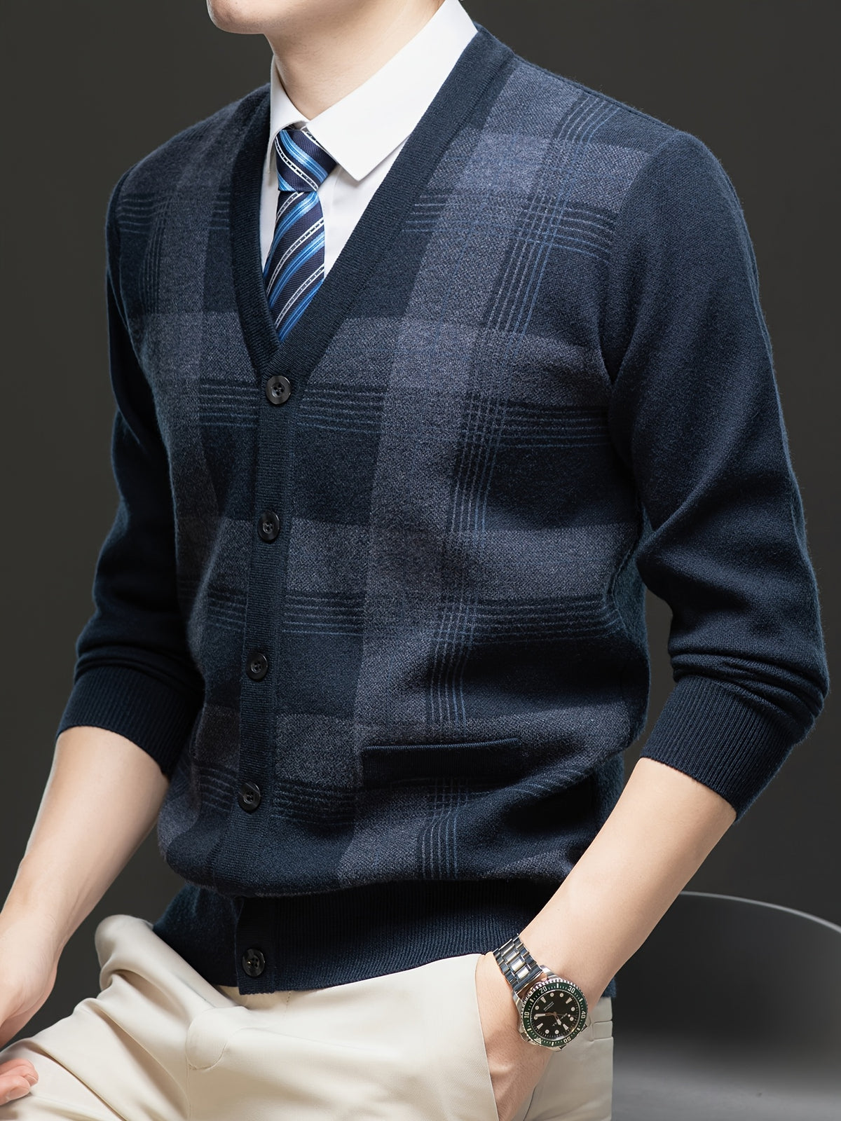 Men's Autumn and Winter Knitted Cardigan Sweater, Classic Striped Design Thickened with Pockets, Gift for Men, Suitable for Casual, Business, and Sports Knitted Outerwear Top - Shangqing