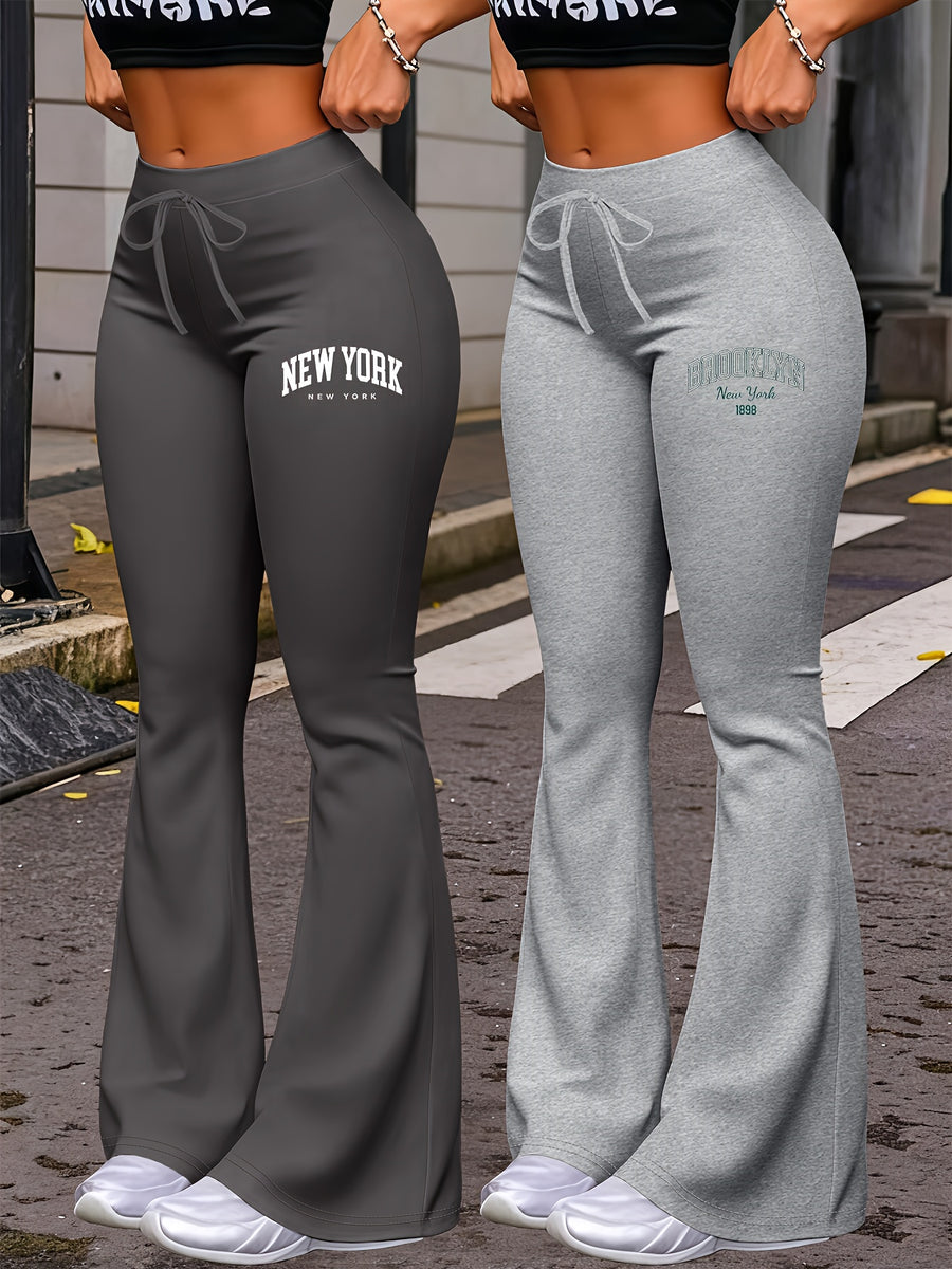 New Autumn Women's Clothing from Europe and America, NEW YORK & BROOKLYN Letter Print, Daily Casual Wear, Two-Pack of Comfortable Slim-Fit Stretch Tapered Straight-Leg Pants with Drawstring Waistband - Dark Gray + Light Gray