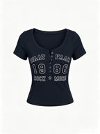 2026 Printed Elastic Women'S T-Shirt Spring And Summer Fashionable Travel Preferred Retro Style Letter Print Button Placket Short-Sleeved Slim Top - Slate Grey