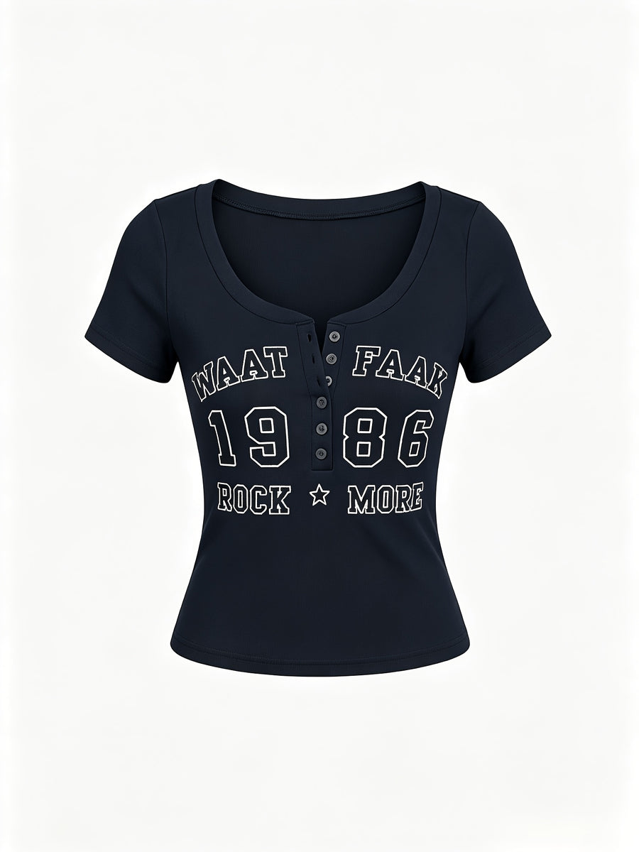 2026 Printed Elastic Women'S T-Shirt Spring And Summer Fashionable Travel Preferred Retro Style Letter Print Button Placket Short-Sleeved Slim Top - Slate Grey