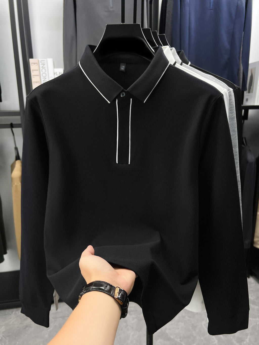 Autumn Multi-Color Selectable Men'S Contrast Edge Long Sleeve Polo Shirt, Comfortable Fabric, Easy Lapel, Delicate And Smooth, Loose Fit, Business Commute, Visiting Friends, Business Travel, Home Casual Top - Black