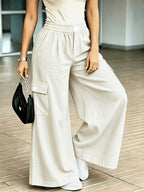 Women's High-Waisted Wide-Leg Cargo Pants with Multi-Pocket Patchwork Design - Soft Floor-Length Trousers, Loose Straight-Leg Pants Suitable for - Wear, Machine Washable for Outdoor, Travel & Everyday Use - Ivory White