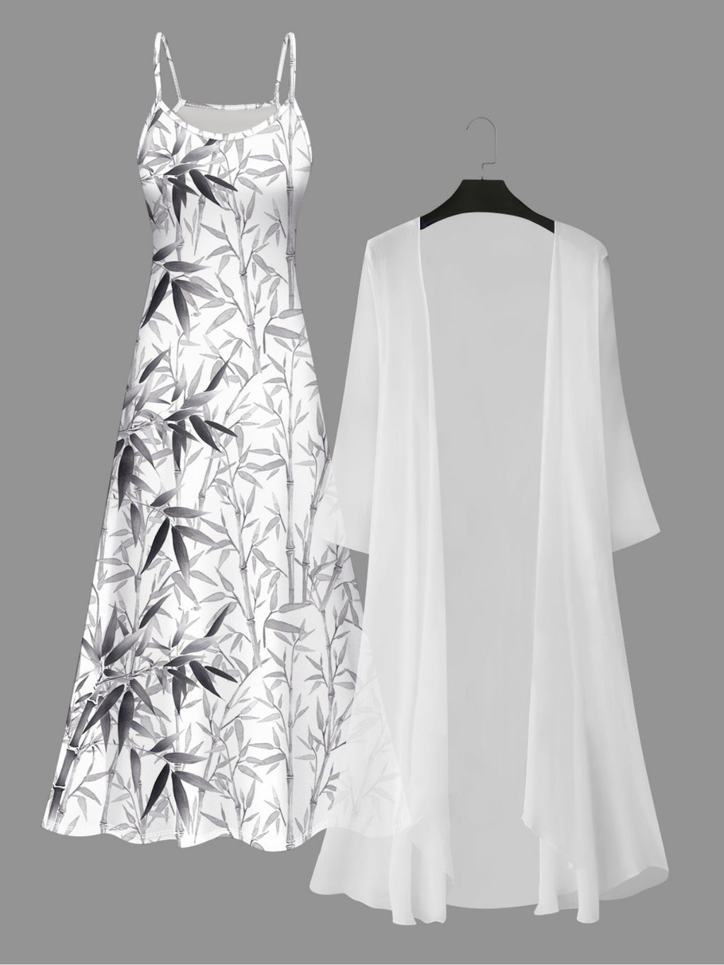 Printed Bamboo Leaf Pattern Casual Style Women's Dress Set - White