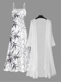 Printed Bamboo Leaf Pattern Casual Style Women's Dress Set - White
