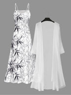 Printed Bamboo Leaf Pattern Casual Style Women's Dress Set - White