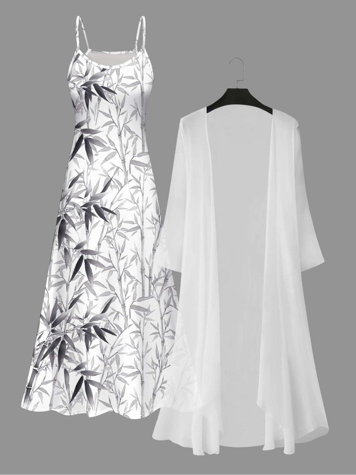 Printed Bamboo Leaf Pattern Casual Style Women's Dress Set - White