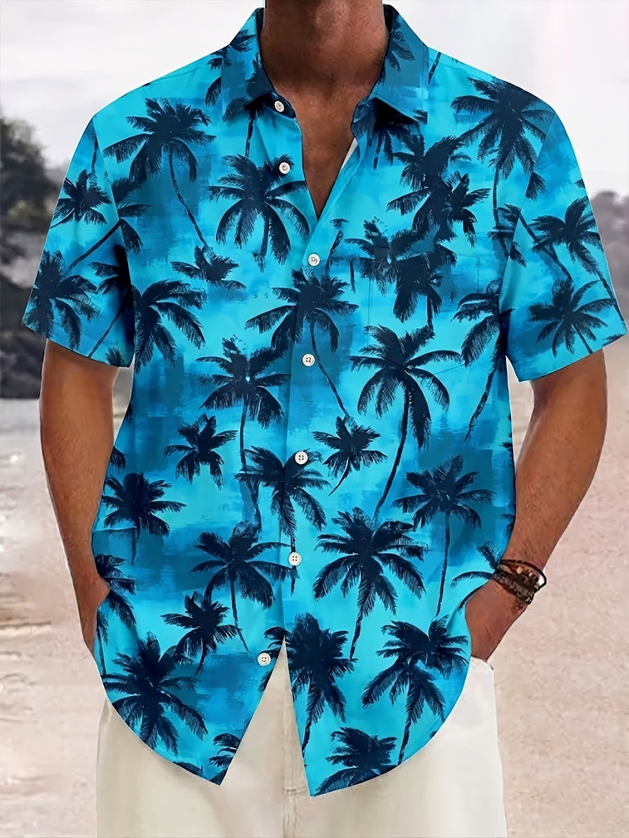 Printed Design Not Textured Hawaiian Coconut Tree Print Men's Button-Up Short-Sleeve Shirt - Peacock Blue