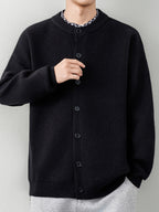 [Wading Whale OBM] 1pc Autumn Winter New Men'S Knit Cardigan, Old Money Style Textured Contrast Round Neck Single Button Front Long Sleeve Sweater Vest Top, Men'S Casual Fashion, Suitable for Spring, Autumn, Winter Wear, Fits Daily Commute - Black