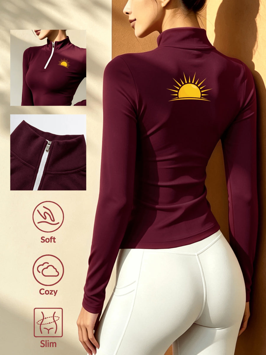 Women'S Solid Color Half-Zipper Long Sleeve Top, Waist-Cinching Warm T-Shirt - Burgundy