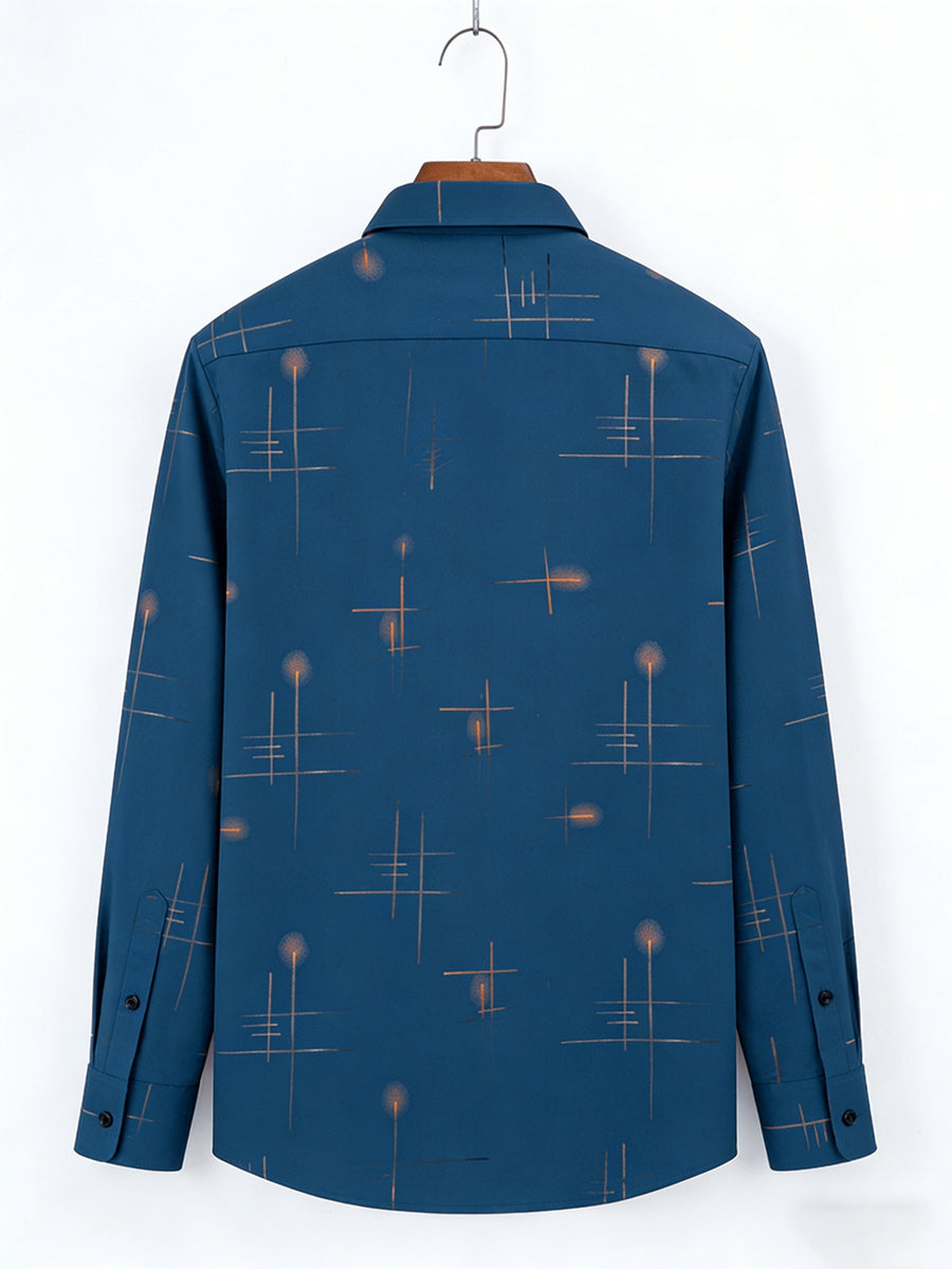 Men'S Long-Sleeve Shirt with Bronzing Print, Business Casual Wrinkle-Resistant Shirt, Light Luxury Versatile Top for Middle-Aged And Young Men - Peacock Blue