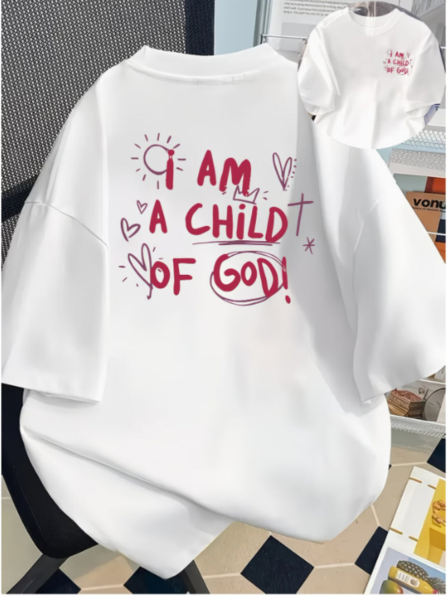 Front and Back Printed Short-sleeve T-shirt - "I Am a of God," Faith-themed - Women's Spring/summer Trendy Printed T-shirt, Fashionable Item, Versatile and Casual - White