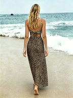 Women'S American Retro Spicy Style Floral Cami Dress, Double Slit Design Niche Waist-Cinching Long Dress - Leopard Print