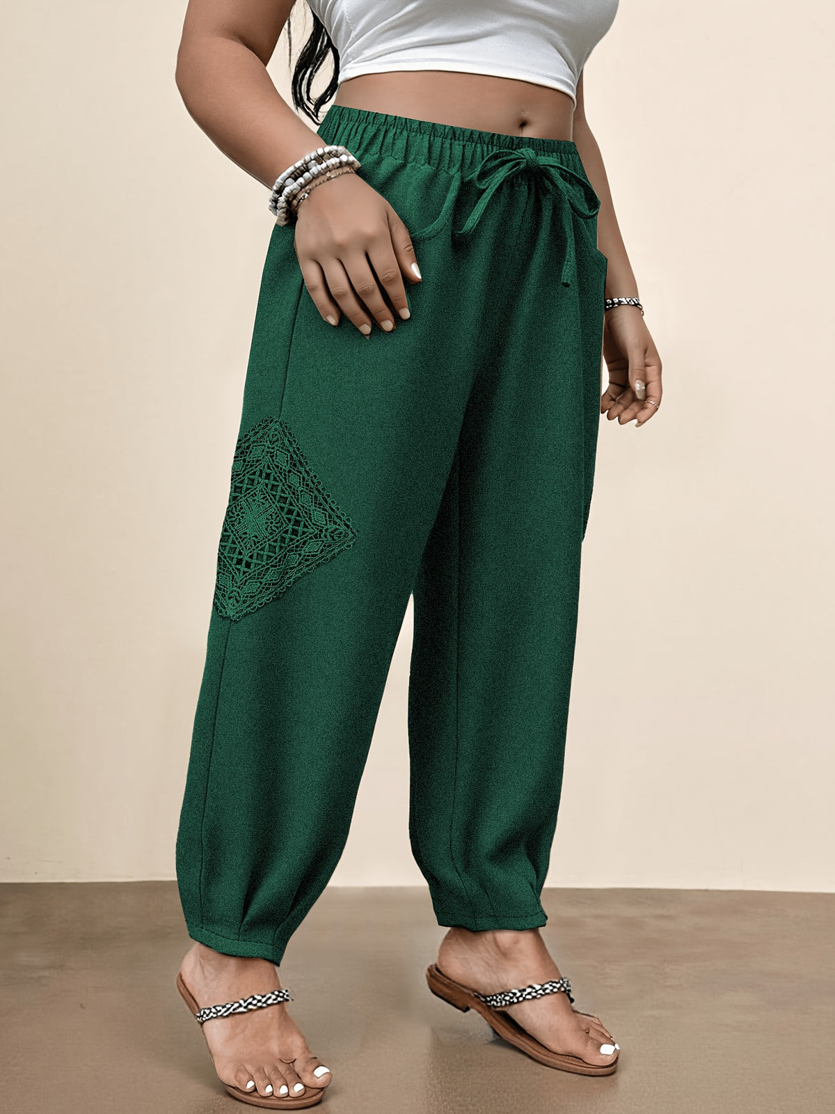 Fashionable Plus-Size Women'S Loose Pants with a Faux Drawstring, Suitable for Commuting, Vacations, Parties, And Sports, Featuring Pockets, Ideal for Everyday Wear - Blackish Green
