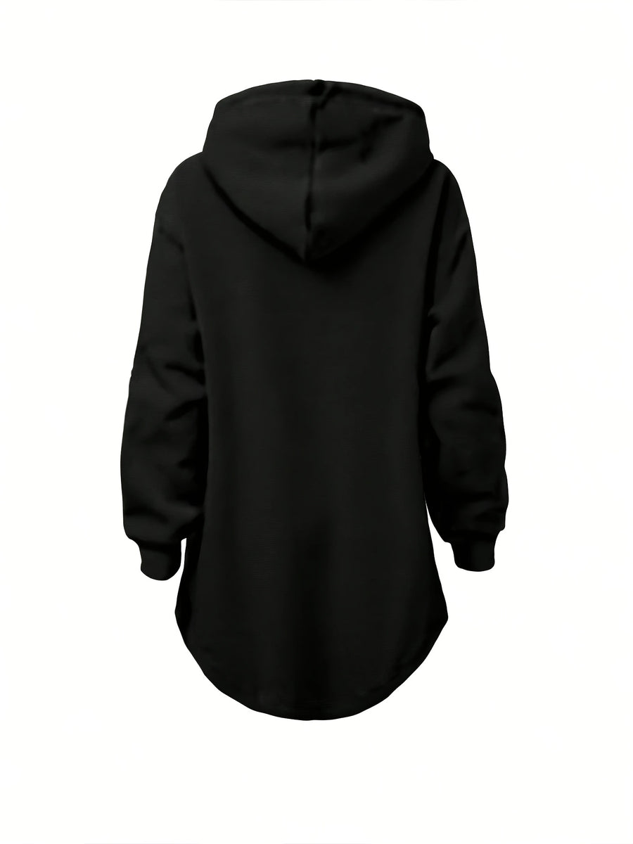Women'S Solid Shoulder-Lower Long Sleeve Loose sweatshirt with Drawstring - Black