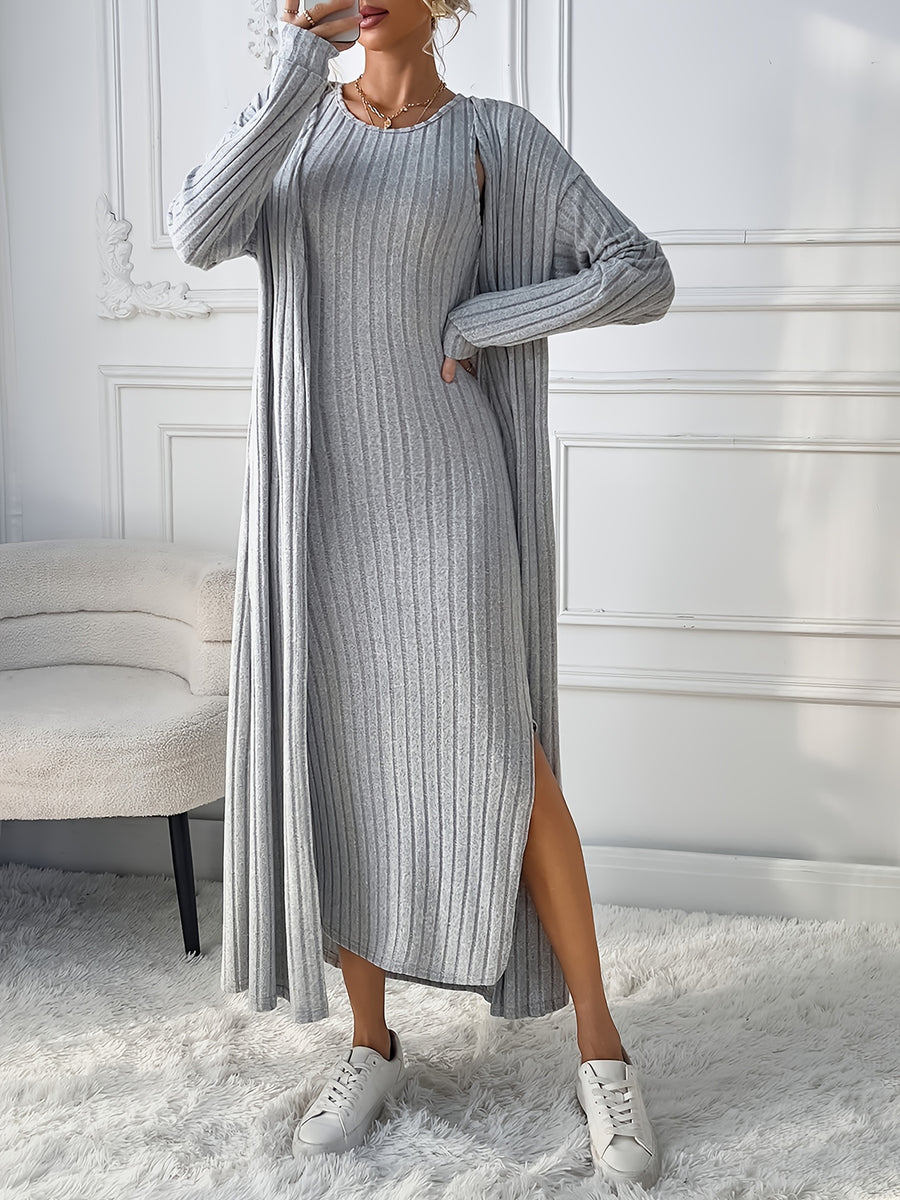Chic + Long Sleeve Knitted Cardigan and Sleeveless Dress Set - Light Grey