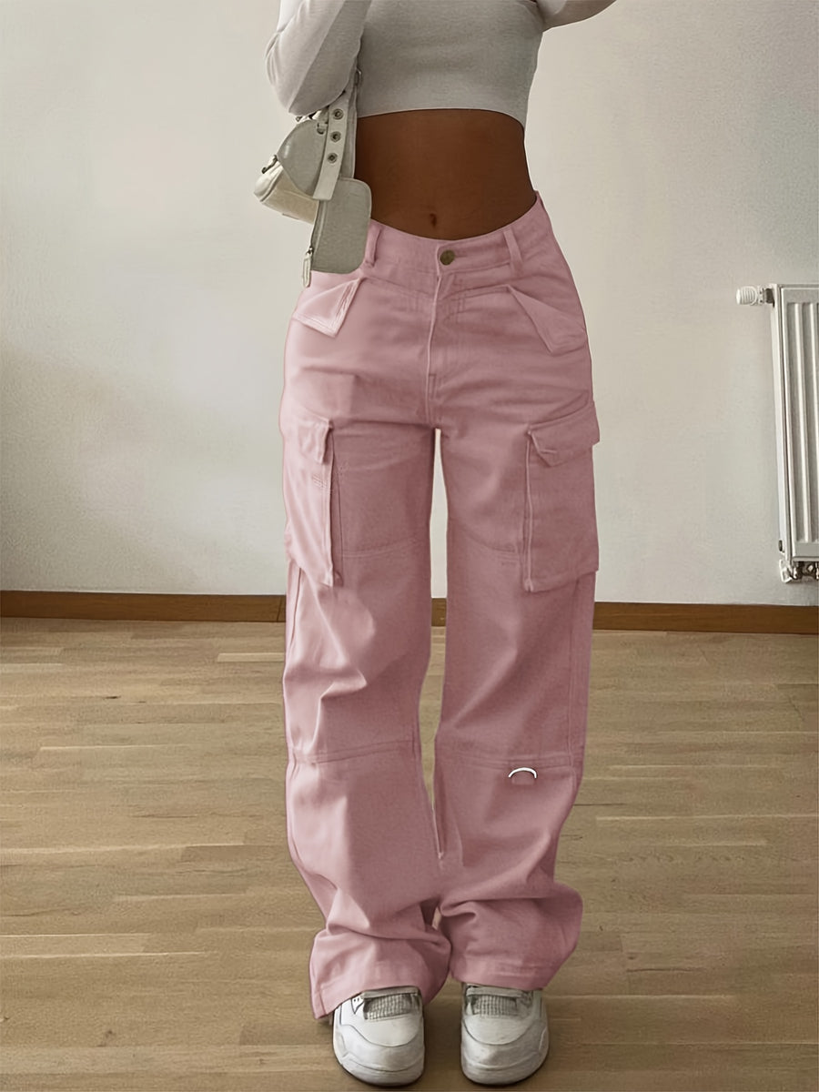 Designer Cargo Pants with Flap Pockets, Women's Elegant Casual Solid-color Trousers, Women's Pants - pink