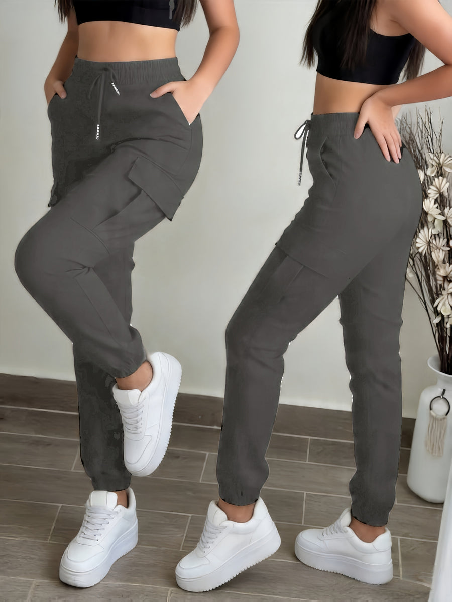 Women'S Pocket Drawstring Cargo Pants. Summer Sports Long Pants with Elastic Cuffs Stretchy Casual Fitness Yoga Joggers for Running. Outdoor Cycling - Dark Gray