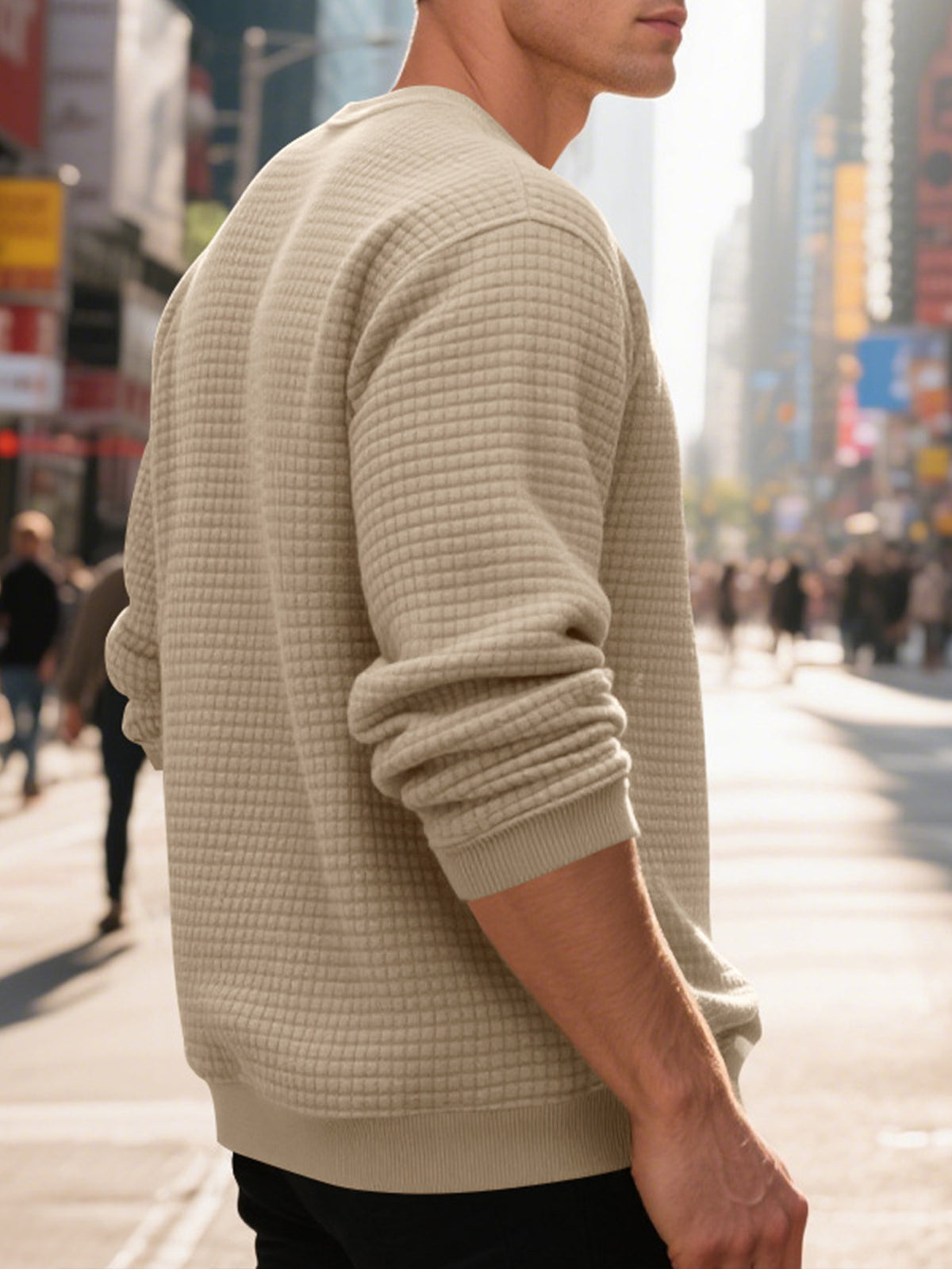 4pcs Men's Textured Sweatshirt, Fashionable Jacquard Texture Crew Neck Sweatshirt, Three-Dimensional Pineapple Check Pattern Solid Color Pullover, Spring and Autumn Warm Long-Sleeve Sweatshirt, Men's Fashionable Solid Color Simple Lightweight - Khaki + Navy Blue + Light Gray + Natural White