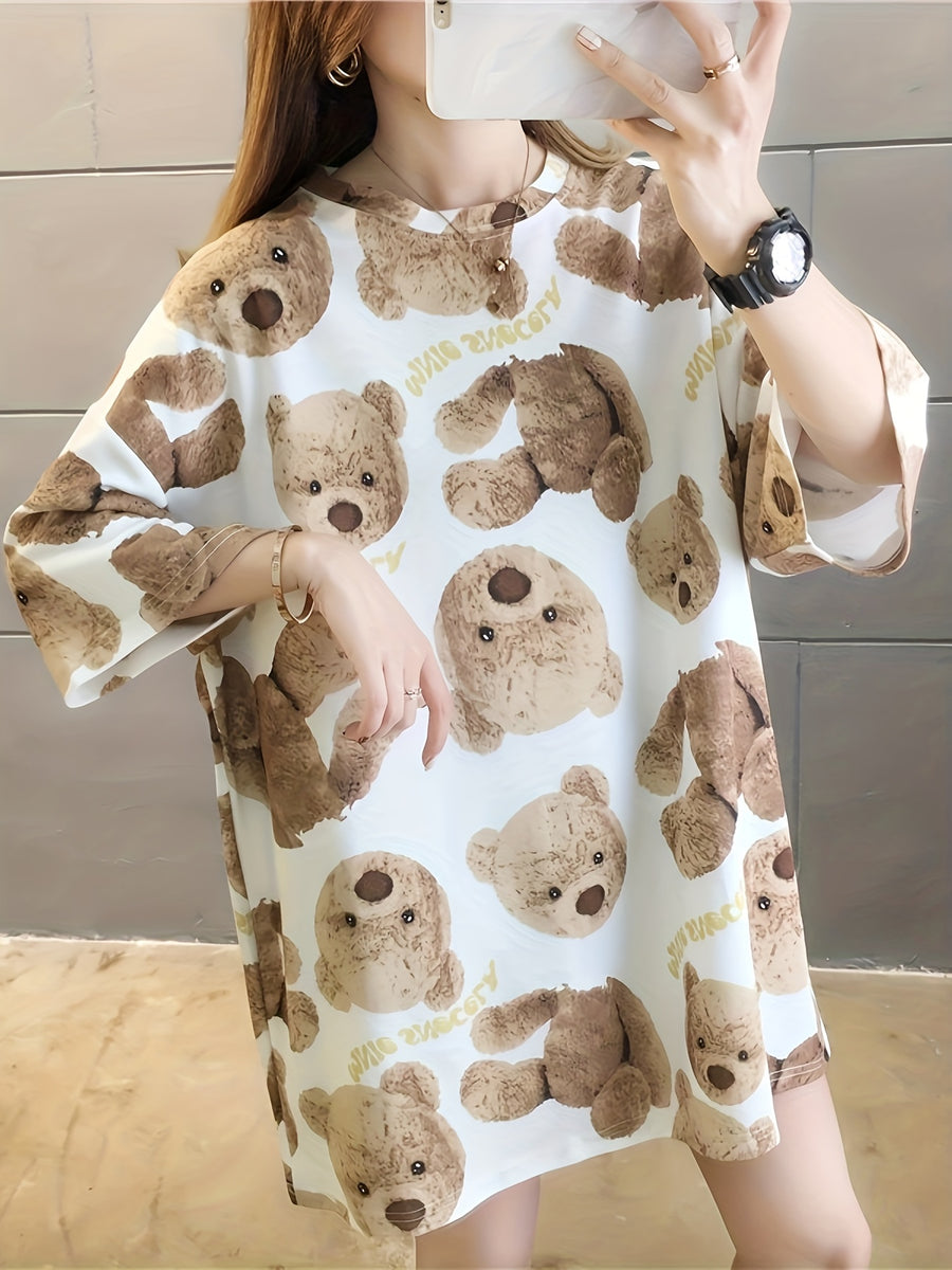 Summer New Large Size Loose Fashion Trend Thin Cartoon Round Neck Print Medium Long Short Sleeve T-Shirt - 208-W