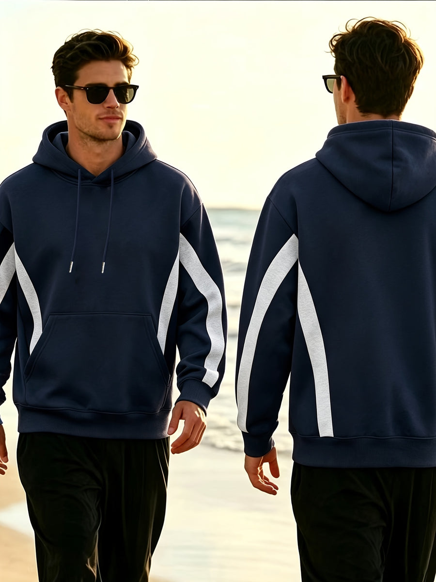 New Men'S Double Striped Hooded Sweatshirt with Loose Fit And Comfortable Pockets, Versatile And Trendy Hoodie for Daily Use - Navy Color
