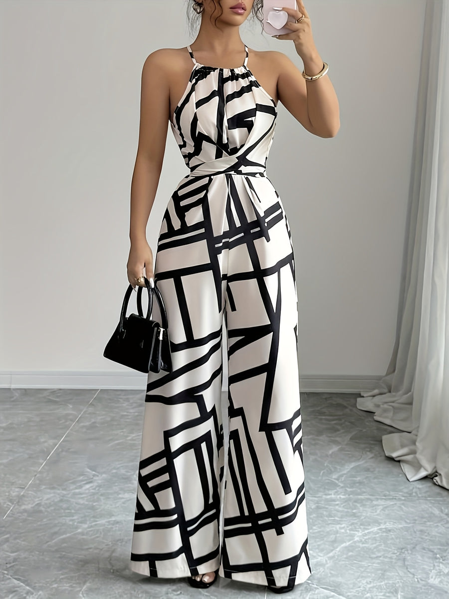 Women'S Printed Fabric Ruched Jumpsuit with Halter Neck, Elegant for Holiday And Everyday Wear - White
