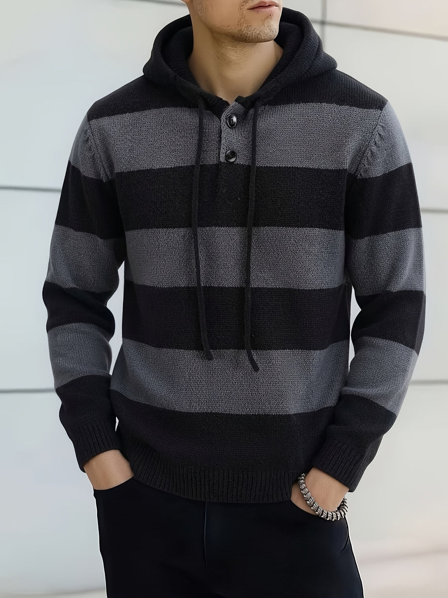 Men's Striped Hooded Knitwear Spring/Autumn Henley Collar Button Drawstring Pullover Sweater Casual Long Sleeve Color Block Top - Dark Grey And Black