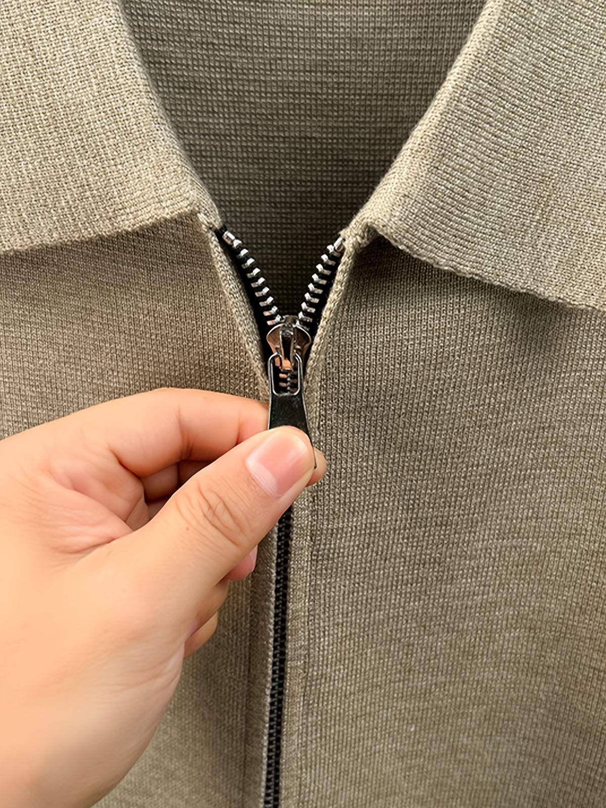 Men'S Lapel Full-Zip Long Sleeve Knit Jacket, Ribbed Cuffs And Hem, Autumn/Winter Style, Casual Commute Wear, Business Casual Style. - SINBOS - Apricot