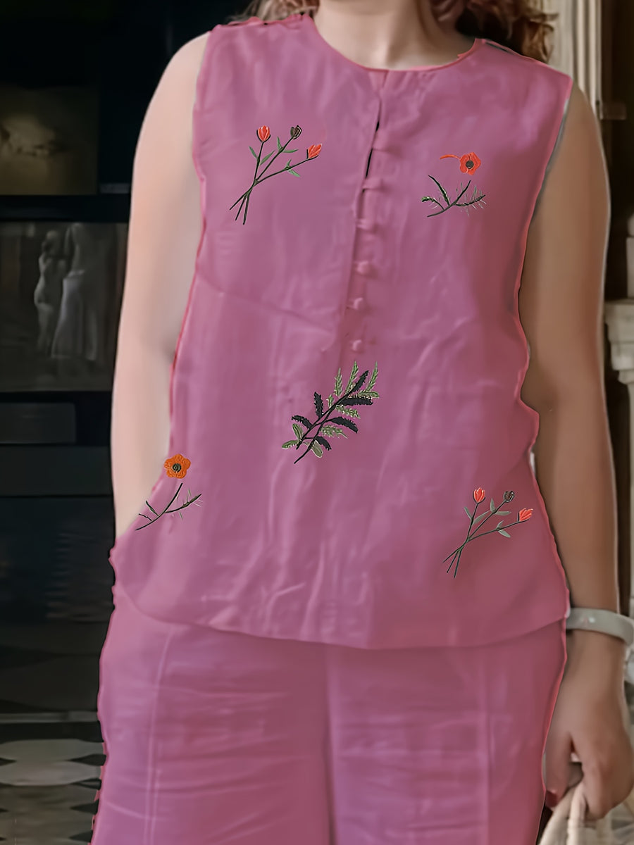 Chinese Style Embroidered Women's Set, Breathable Vest and Pants Outfit - Two-Piece Casual Elegant Ensemble - Fuchsia