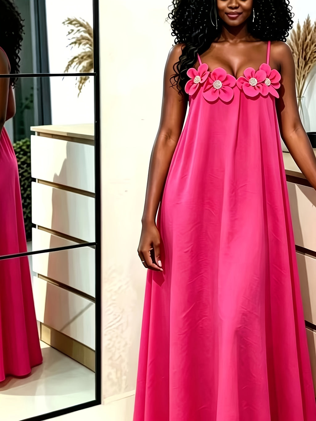 New Outing Party French Heavy Embroidery 3D Floral Sleeveless Cami Dress Loose Long Backless Vacation Light Dress - Rose Red