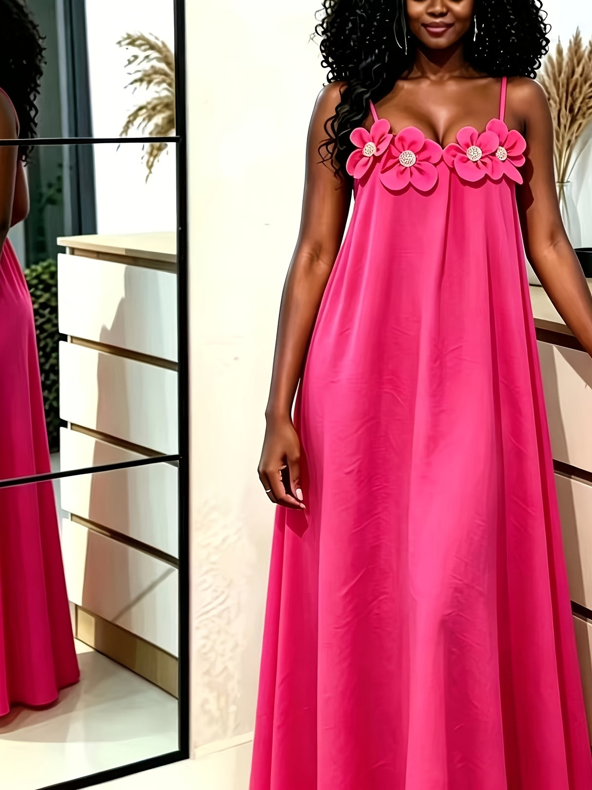 New Outing Party French Heavy Embroidery 3D Floral Sleeveless Cami Dress Loose Long Backless Vacation Light Dress - Rose Red