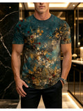 [Print Design - Not Textured] Men'S Fashion T-Shirt, Men'S Summer Retro Floral Print Short Sleeve T-Shirt, Distressed Dark Green Round Neck Top, National Trend Literary Style Breathable Versatile Tee - Mixed colors
