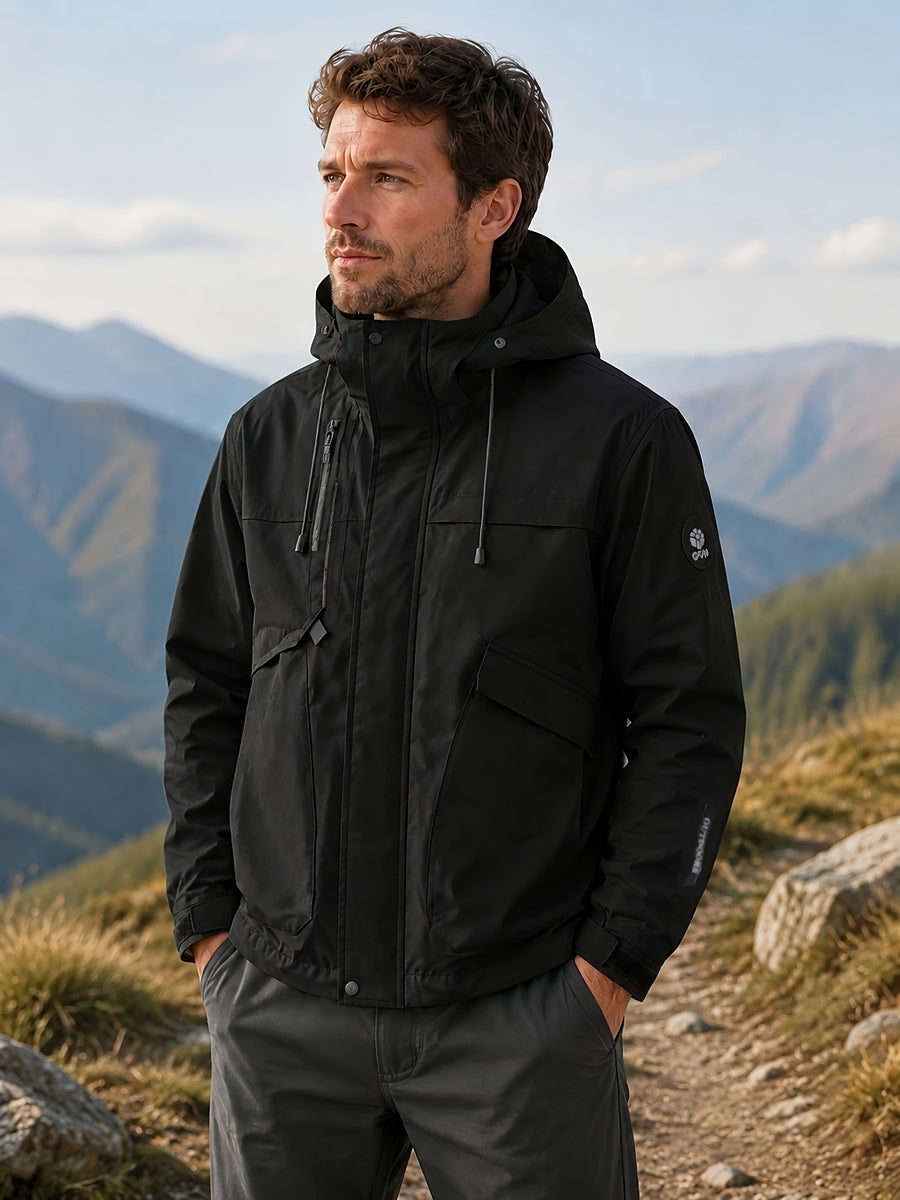 Men'S Hooded Utility Outdoor, Polyester Multi-Pocket Zip Outerwear Fall Travel, Hiking And Daily Wear - Black