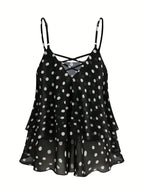 2026 New Black And White Polka Dot Spaghetti Strap Cami, Double-Layer Flowing Skirt Hem, Vacation Style Top, Lazy Style Polka Dot Chiffon Cami, Double-Layer A-Line Fit, Versatile Casual Date Sleeveless Top - Black